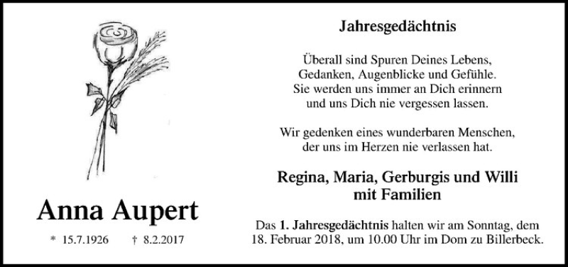  Traueranzeige für Änne Aupert vom 14.02.2018 aus Westfälische Nachrichten