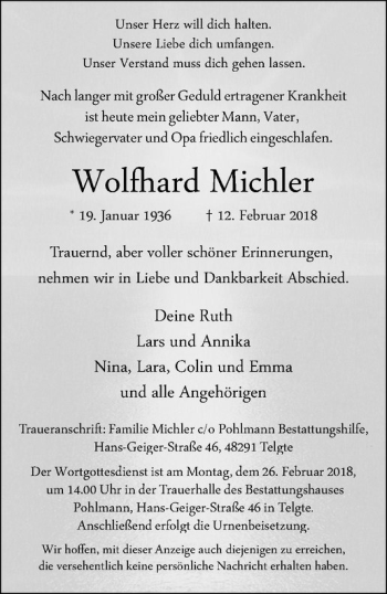 Anzeige von Wolfhard Michler von Westfälische Nachrichten
