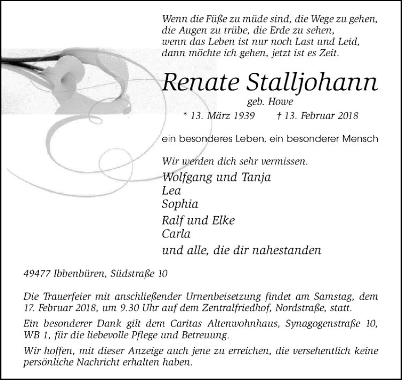  Traueranzeige für Renate Stalljohann vom 15.02.2018 aus Westfälische Nachrichten