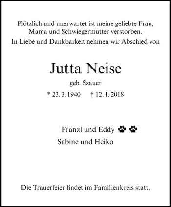 Anzeige von Jutta Neise von Westfälische Nachrichten