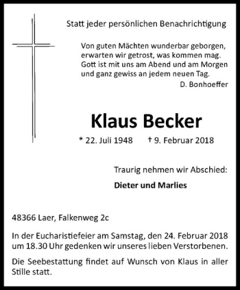 Anzeige von Klaus Becker von Westfälische Nachrichten