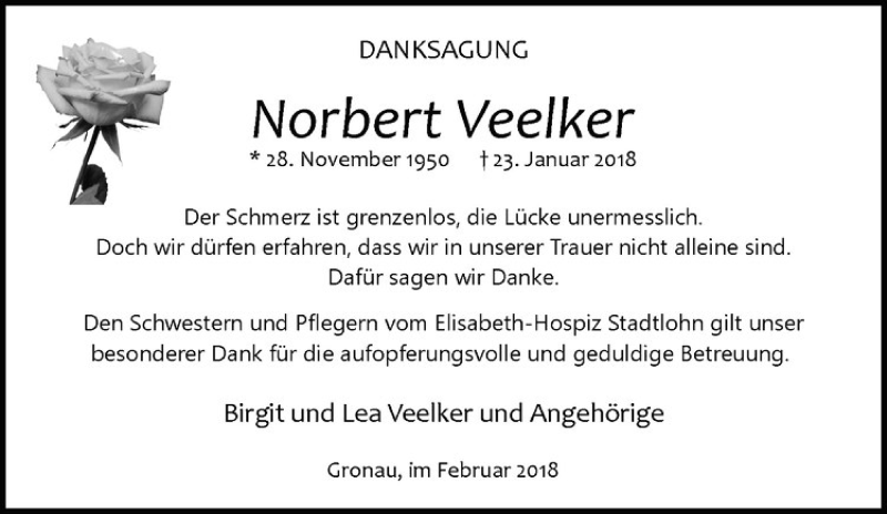  Traueranzeige für Norbert Veelker vom 17.02.2018 aus Westfälische Nachrichten