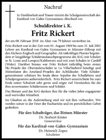 Anzeige von Fritz Rickert von Westfälische Nachrichten