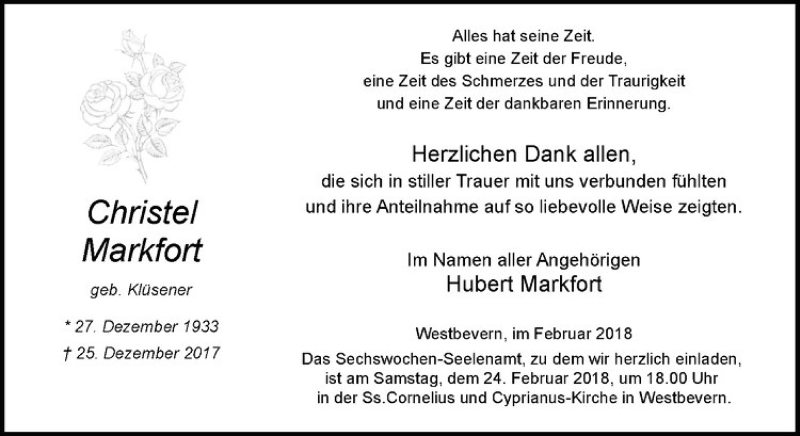  Traueranzeige für Christel Markfort vom 17.02.2018 aus Westfälische Nachrichten