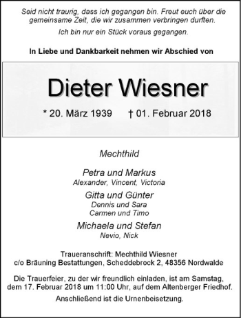 Anzeige von Dieter Wiesner von Westfälische Nachrichten