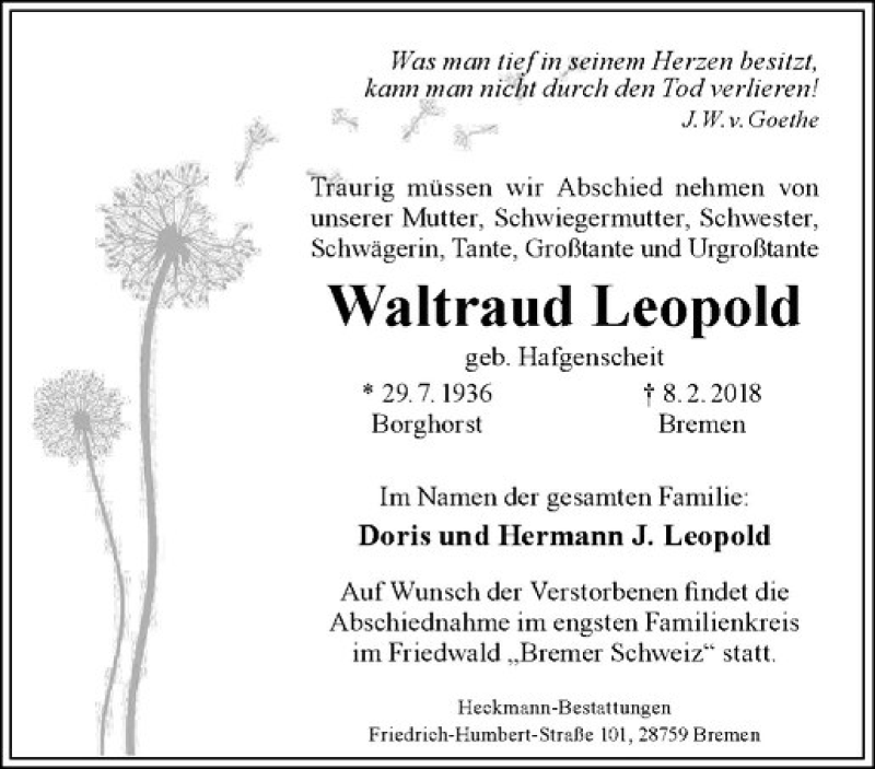  Traueranzeige für Waltraud Leopold vom 17.02.2018 aus Westfälische Nachrichten