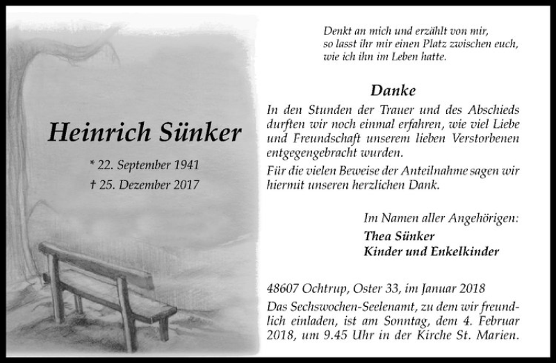  Traueranzeige für Heinrich Sünker vom 01.02.2018 aus Westfälische Nachrichten