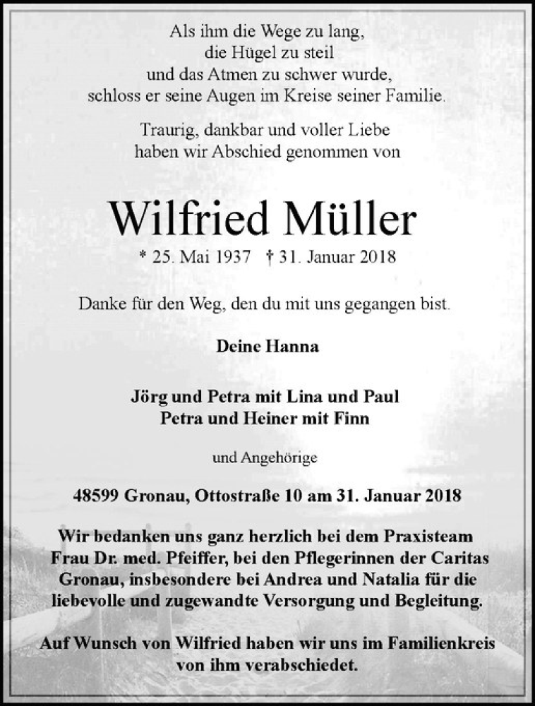  Traueranzeige für Wilfried Müller vom 06.02.2018 aus Westfälische Nachrichten