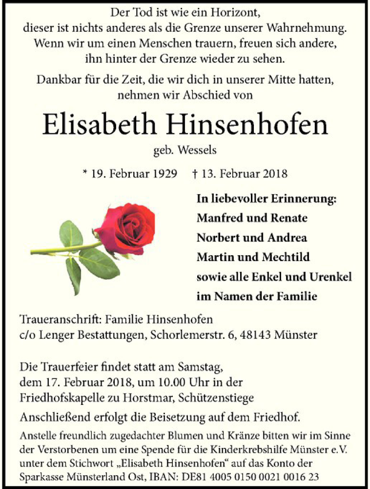  Traueranzeige für Elisabeth Hinsenhofen vom 15.02.2018 aus Westfälische Nachrichten