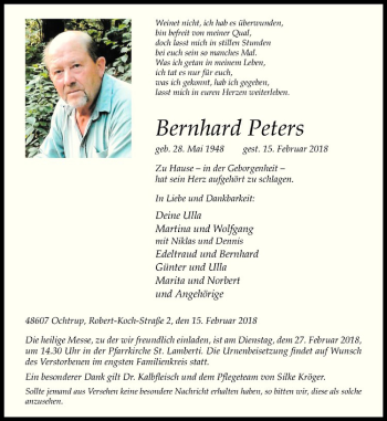 Anzeige von Bernhard Peters von Westfälische Nachrichten