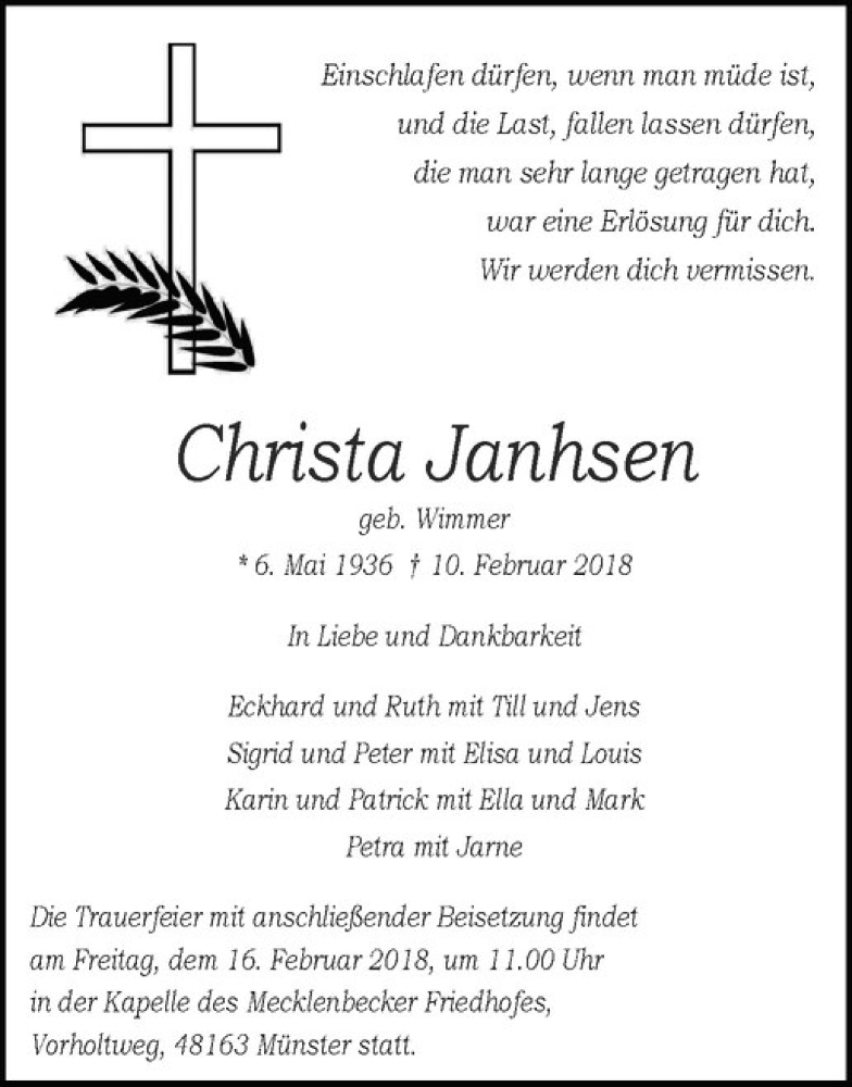  Traueranzeige für Christa Janhsen vom 14.02.2018 aus Westfälische Nachrichten