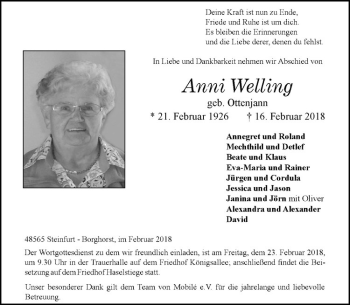 Anzeige von Anni Welling von Westfälische Nachrichten