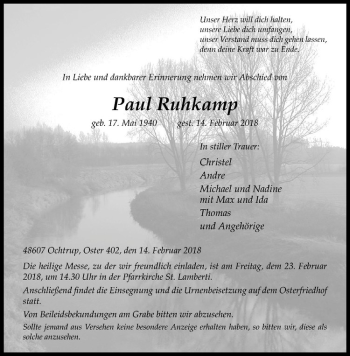 Anzeige von Paul Ruhkamp von Westfälische Nachrichten