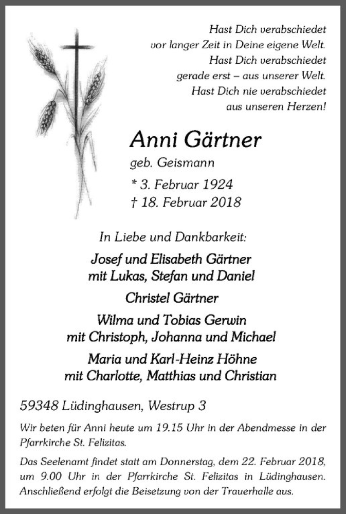  Traueranzeige für Anni Gärtner vom 20.02.2018 aus Westfälische Nachrichten