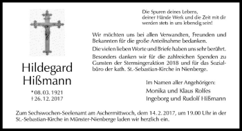 Anzeige von Hildegard Hißmann von Westfälische Nachrichten