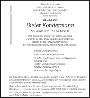 Anzeige von Dieter Kondermann von Westfälische Nachrichten