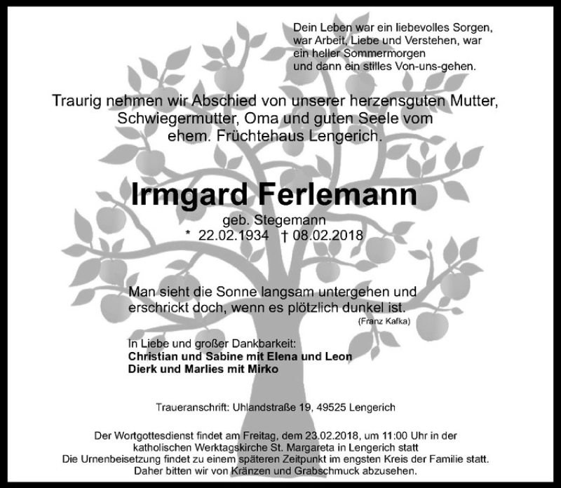  Traueranzeige für Irmgard Ferlemann vom 17.02.2018 aus Westfälische Nachrichten