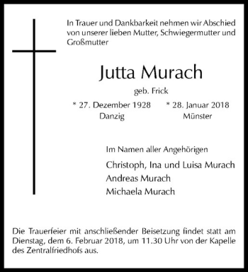 Anzeige von Jutta Murach von Westfälische Nachrichten