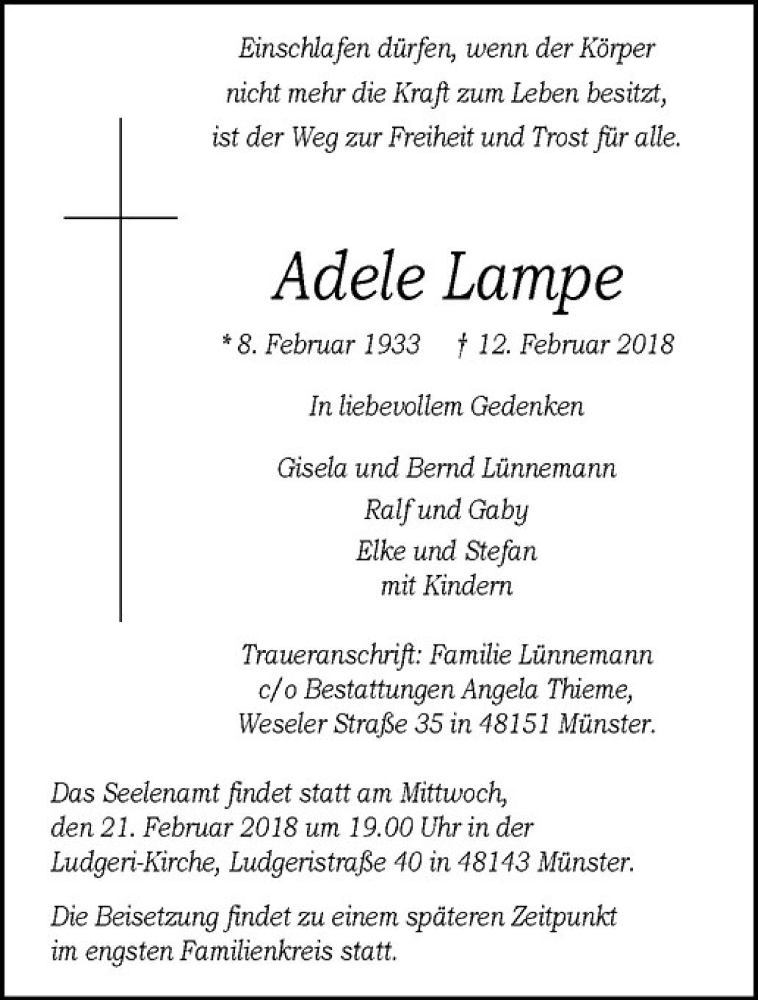  Traueranzeige für Adele Lampe vom 17.02.2018 aus Westfälische Nachrichten