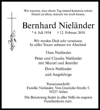 Anzeige von Bernhard Nieländer von Westfälische Nachrichten