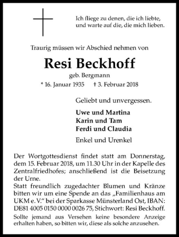 Anzeige von Resi Beckhoff von Westfälische Nachrichten