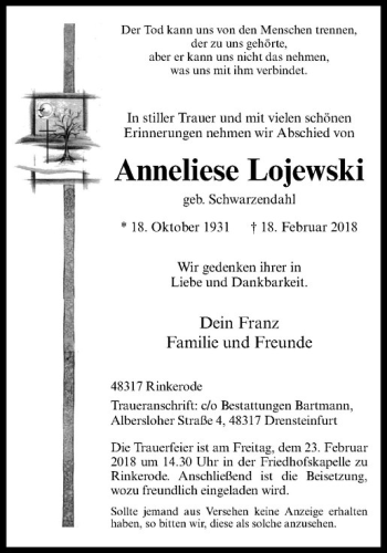 Anzeige von Anneliese Lojewski von Westfälische Nachrichten