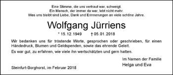 Anzeige von Wolfgang Jürriens von Westfälische Nachrichten