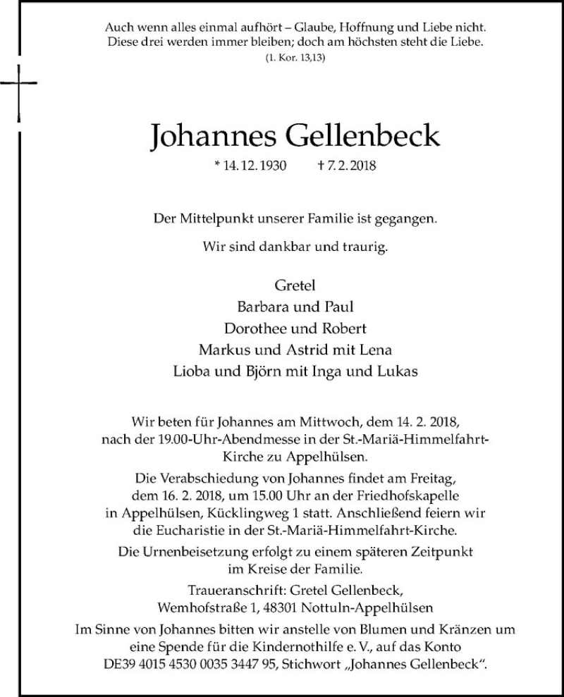  Traueranzeige für Johannes Gellenbeck vom 13.02.2018 aus Westfälische Nachrichten