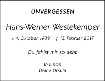 Anzeige von Hans-Werner Westekemper von Westfälische Nachrichten