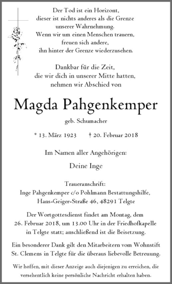 Anzeige von Magda Pahgenkemper von Westfälische Nachrichten