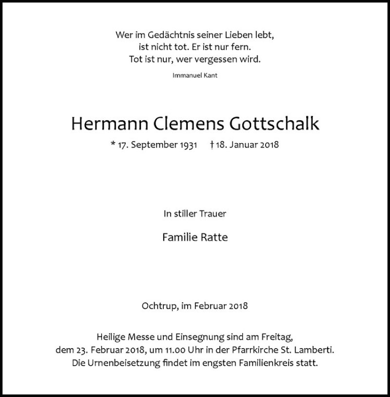  Traueranzeige für Hermann Clemens Gottschalk vom 19.02.2018 aus Westfälische Nachrichten