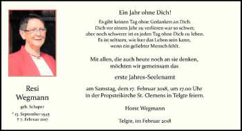 Anzeige von Resi Wegmann von Westfälische Nachrichten