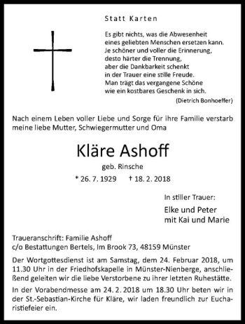 Anzeige von Kläre Ashoff von Westfälische Nachrichten