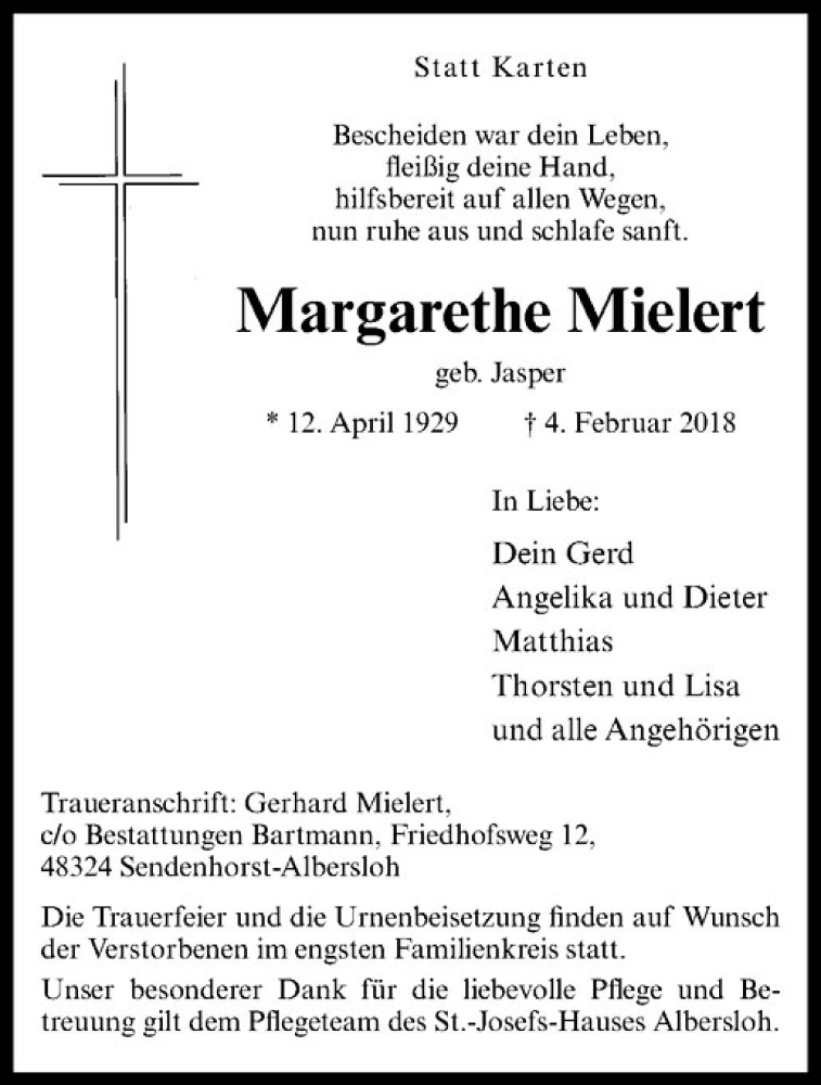  Traueranzeige für Margarethe Mielert vom 10.02.2018 aus Westfälische Nachrichten