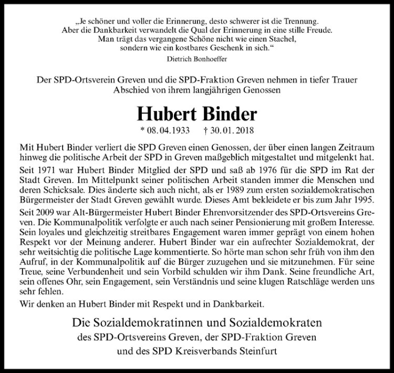  Traueranzeige für Hubert Binder vom 03.02.2018 aus Westfälische Nachrichten
