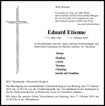 Anzeige von Eduard Etienne von Westfälische Nachrichten