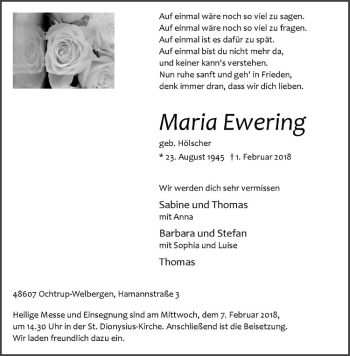 Anzeige von Maria Ewering von Westfälische Nachrichten