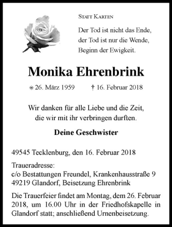 Anzeige von Monika Ehrenbrink von Westfälische Nachrichten