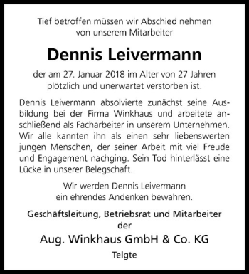 Anzeige von Dennis Leivermann von Westfälische Nachrichten