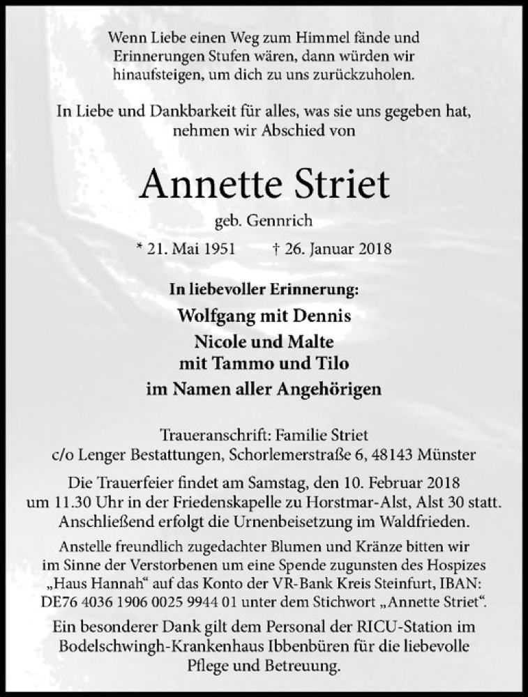  Traueranzeige für Annette Striet vom 03.02.2018 aus Westfälische Nachrichten