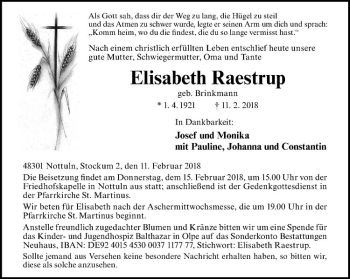 Anzeige von Elisabeth Raestrup von Westfälische Nachrichten