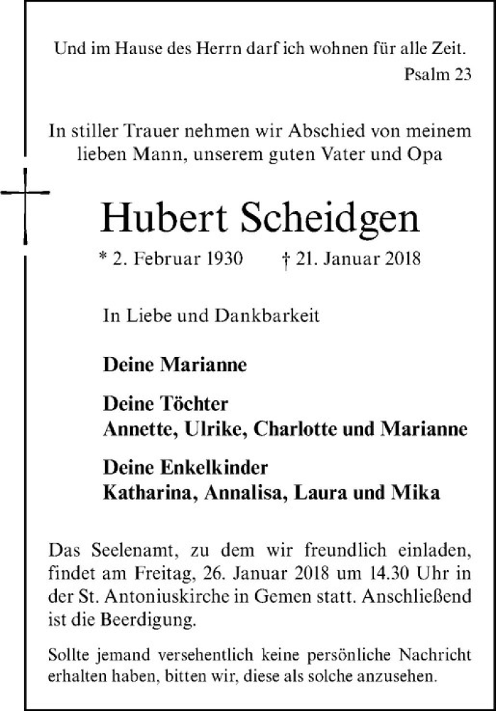  Traueranzeige für Hubert Scheidgen vom 24.01.2018 aus Westfälische Nachrichten