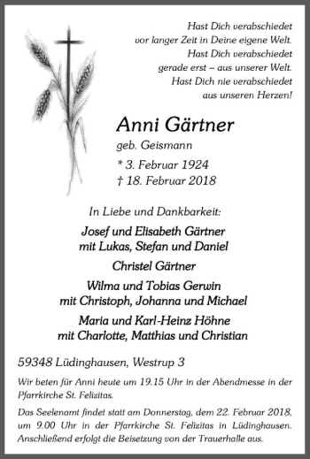 Anzeige von Anni Gärtner von Westfälische Nachrichten