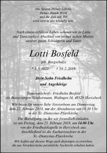 Anzeige von Lotti Bosfeld von Westfälische Nachrichten