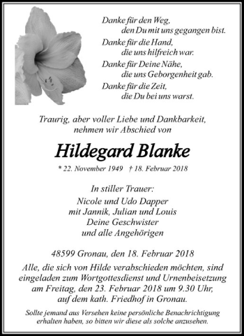 Anzeige von Hildegard Blanke von Westfälische Nachrichten