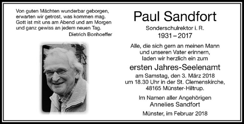  Traueranzeige für Paul Sandfort vom 17.02.2018 aus Westfälische Nachrichten