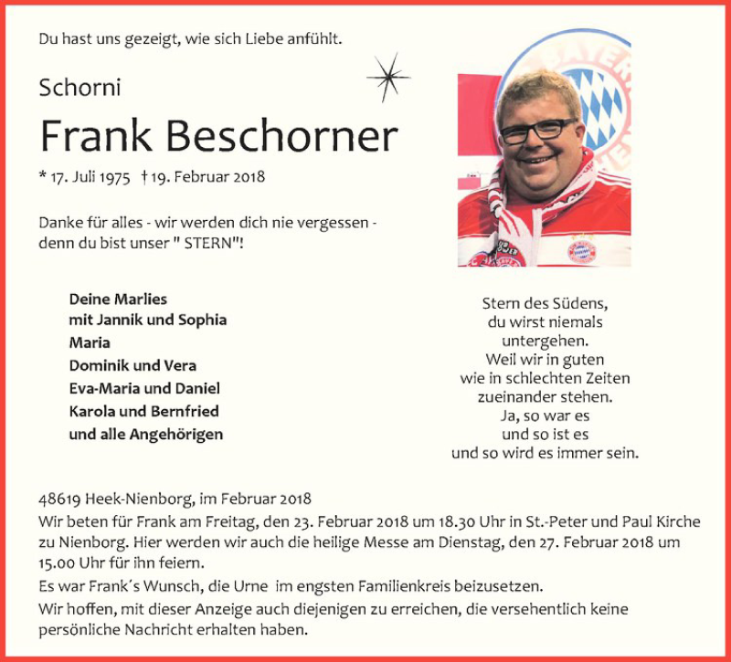  Traueranzeige für Frank Beschorner vom 22.02.2018 aus Westfälische Nachrichten