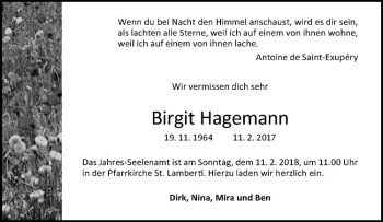 Anzeige von Birgit Hagemann von Westfälische Nachrichten