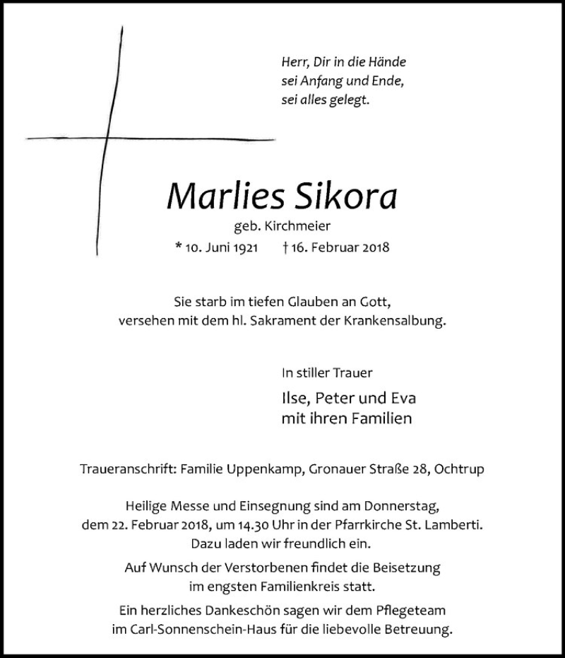  Traueranzeige für Malies Sikora vom 19.02.2018 aus Westfälische Nachrichten