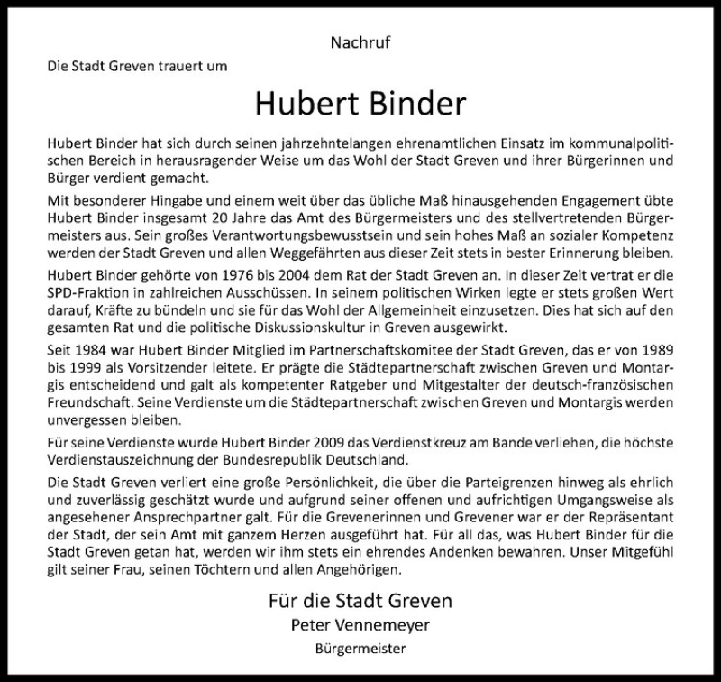  Traueranzeige für Hubert Binder vom 03.02.2018 aus Westfälische Nachrichten